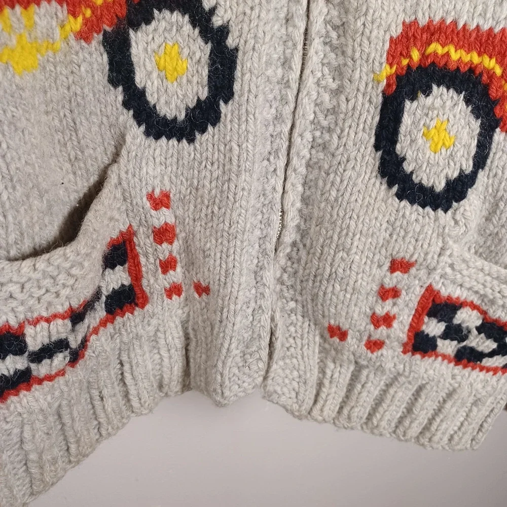 Vintage Handmade Cowichan Mid Century Woven Wool‎ Sweater Shawl Zip Cars Racing